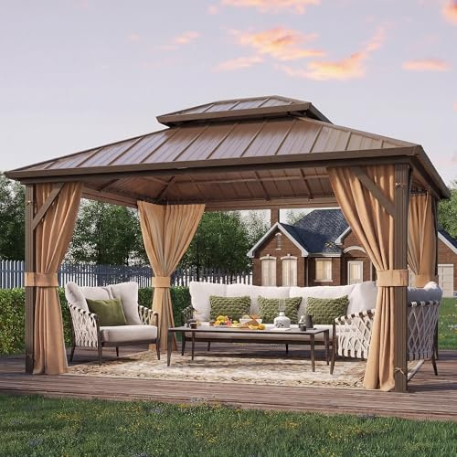 YOLENY Abri de jardin à toit rigide de 3 x 3,6 m – Gazebo en métal avec cadre en aluminium, toit en acier galvanisé, rideaux et filet inclus, pergolas pour terrasse, jardin, fêtes, pelouses