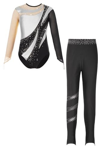 Alvivi Mädchen Turnanzug Glitzer Gymnastikanzug mit Leggings Hose Langarm Ballettanzug Gymnastik Leotard Trikotanzug Akrobatik Wettbewerb Tanzkostüm Silber&Schwarz 134-140