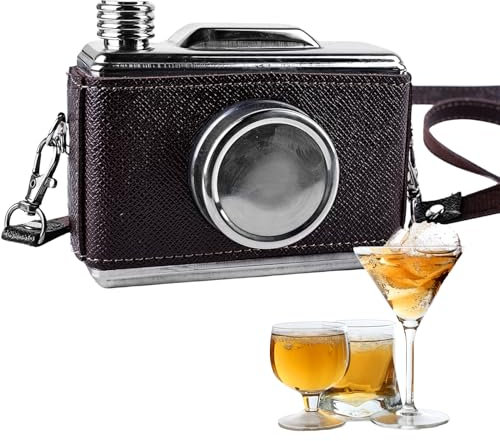 11 OZEdelstahl Flachmann Kameraflasche: Flachmann Edelstahl mit Schultergurt Braunes Leder Kamera Flask zum Tragen von Alkohol, für Wandern Hochzeit Camping Klettern