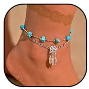 Jovono Boho-Fußkettchen in Türkis, silberfarben, geschichtet, Traumfänger-Fußkette, Strand, verstellbare Fußkettchen, Schmuck für Frauen und Mädchen