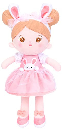 OUOZZZ Baby Puppe, Weiche Stoffpuppe mit Kleidung, Rosa Hasen-Puppe Kuschelpuppe für Kinder ab 3 Monaten - Baby Geschenk zur Geburt Mädchen Jungen, 38cm