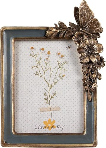 Clayre & Eef Bilderrahmen 10x15 cm Grün Goldfarbig Kunststoff Glas Blumen Fotorahmen