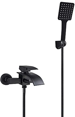 Schwarz Badewannenarmatur Wasserfall Set, Mischbatterie Wannenarmatur Badezimmer Duscharmatur mit Handbrause und Wasserhahn Brause Badewanne Dusche Wasserhahn Mischbatterie