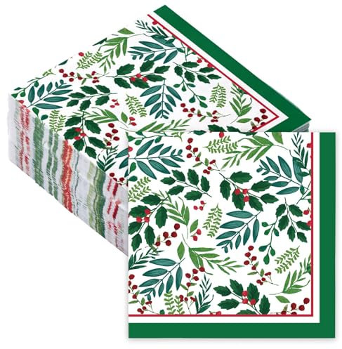 RUSPEPA 50Pcs Holly Christmas Napkins - Disposable 3-Ply Paper Cocktail Napkin, Holly - 12.7x12.7cm/25x25cm(Unfolded)