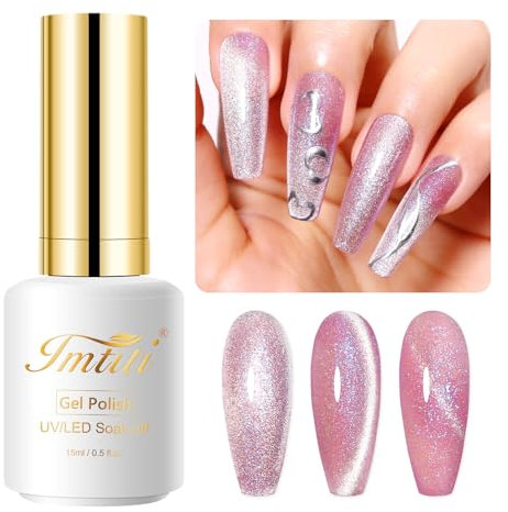 Imtiti Aurora Pink Cat Eye Gel-Nagellack, 15ml Galaxy Pink Holographic Glitter Cat Eyes Magnetic UV Soak Off Gel-Nagellack mit Magnet Set