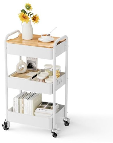 Shrivee 3-Tier Rollwagen mit Tischplatte, Servierwagen, rollender Allzweckwagen aus Metall, Regal auf Rädern, Regal, Organizer, Küchenregal, Stabiler Allzweckwagen für Küche, Bad, Büro (Weiß)
