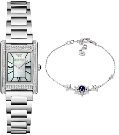 Emporio Armani Damen Silber-Ton-Edelstahl-Uhr und Sterling Silber Armband, Set