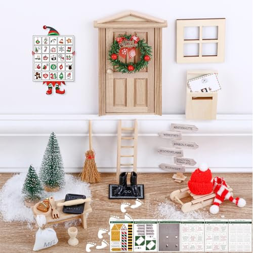 POFIBO 50 Stück Wichteltür Set - Weihnachten Wichtel Zubehör Set mit Baustelle, Backset und Adventskalender, Miniatur Wichtel Zubehör, Weihnachtswichtel für Weihnachtsdekoration, Geschenk für Kinder