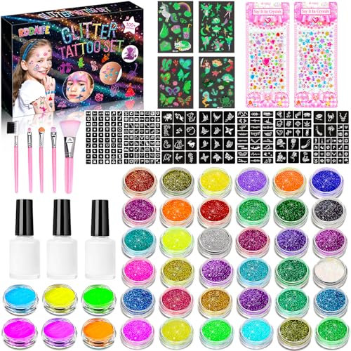 RDDAIPE Kit de Tatuajes de Purpurina Temporales Luminosos, 42 Colores Kit Tatuaje Purpurina, Kit Tatuajes Niñas,219 Plantillas,4 Luminosos Tatuajes,Niñas Cumpleaños Carnaval Halloween Navidad Regalo