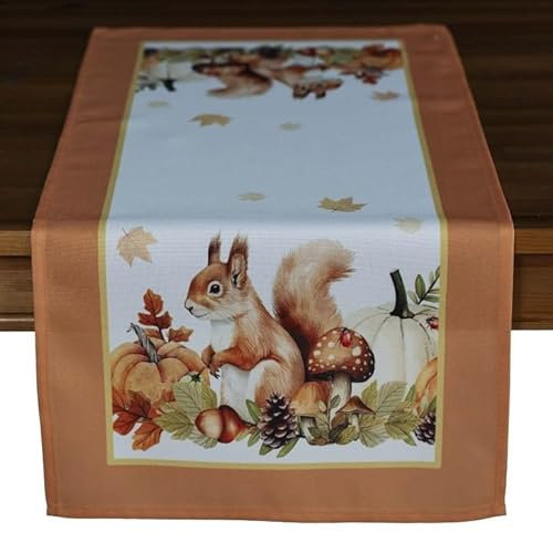 Tischdecke Mitteldecke Tischläufer Kissen Herbst Druckdesign Eichhörnchen mit Herbstfrüchten Terracotta bunt (40 x 90 cm)