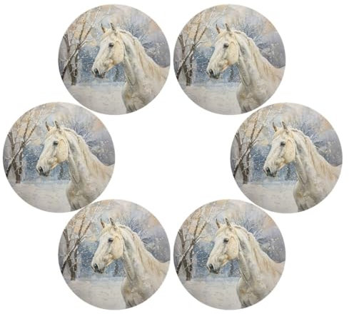 Winter Tischsets Winter Wald Pferd Rund Platzsets 6er Set für Küchentisch Abwaschbar Tischmatten Platzdeckchen