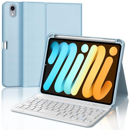 IVEOPPE Teclado iPad Mini 7 8.3, Teclado iPad Mini 6, Funda iPad Mini 7 con Teclado, Español Ñ, Funda Teclado Bluetooth Desmontable para iPad Mini 7/6 8.3 2024/2021, Azul Cielo