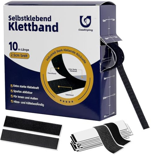 Klettband Selbstklebend, 25mm × 10m schwarz, Extra Stark Klettverschluss Selbstklebend, Doppelseitiges Klettband für Innen und Außen, klebe Klettband Klett Klebeband