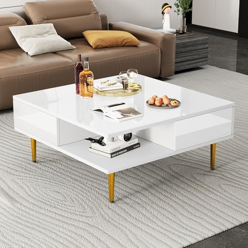 BTM Table Basse Carrée, Table Basse Blanc et Or, avec 2 Tiroirs et 2 Compaartiments Ouverts, Brillante, Pieds Dorés, Charge de 30kg, 70x70x36cm