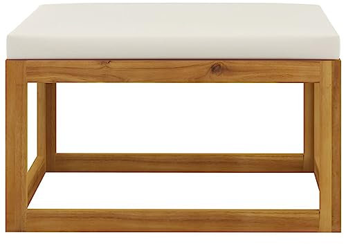 Genérico Wenjingqi 311865 Fußhocker mit Kissen, cremefarben, massives Akazienholz, Braun