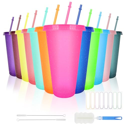 BELICOO 12 Pack Color Changing Cups, 24oz Plastic Cups with Straws & Lids, Reusable Iced Coffee Cup Cold Water Cup Set for Travel Party