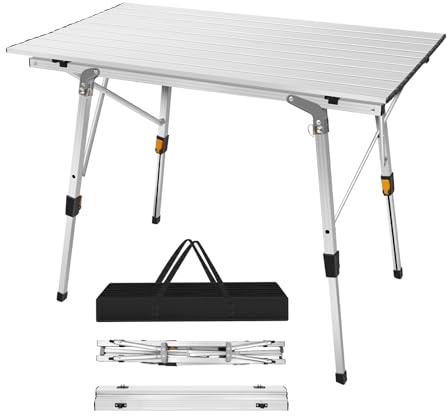 Rigogo 90cm Faltbarer Aluminium Campingtisch, Tragbarer Picknicktisch mit Tragetasche, für den Innen-Außenbereich, Höhenverstellbar 48-68cm, 90x52x68cm, Weiß