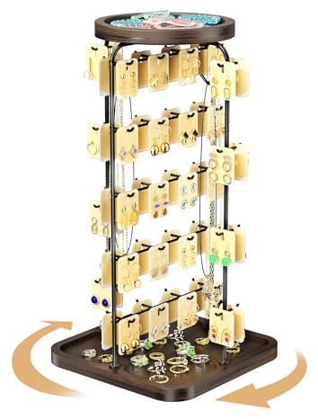 Simaixing Rotating Earring Display for Vendors, Earrings Holder Organizer for Selling, Necklace Storage Stand, Metal Jewelry Tree with Wooden Tray for Hoops, Keychains, Rings, Bracelets (Brown)