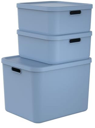 Rotho Albula Aufbewahrungsbox mit Deckel 3er-Set 55 L + 2 x 20 L PP Blau | Aufbewahrungsboxen, modular stapelbar, offene ergonomische Griffe, 100 % recyceltes PP, einfach zu reinigen, Blau im Set