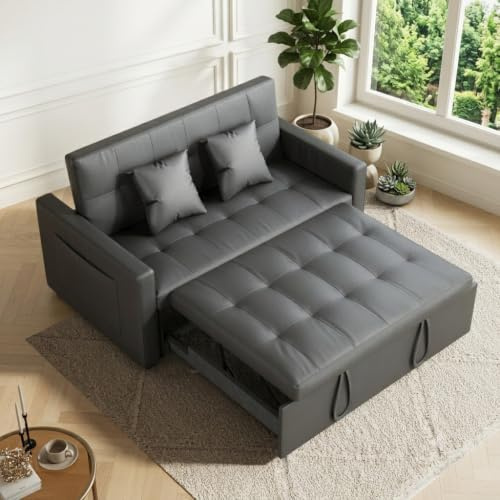 SUNXURY Sofa 140x94cm Dunkelgrau, 2 Sitzer Schlafsofa mit Schlaffunktion | Rückenlehnenwinkel verstellbar 100°-135°-180°, Kratzfestleder, Mit Kissen, Modernes Design