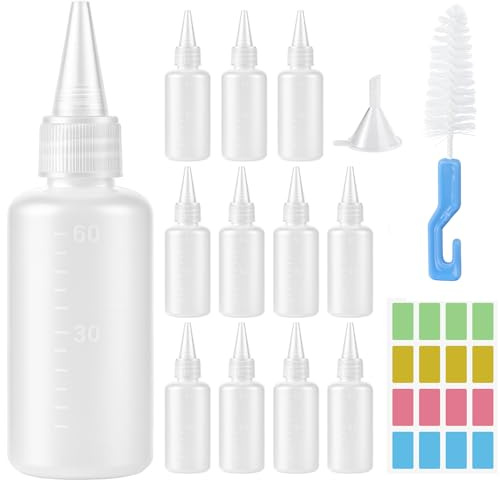 Ferenando 12 Pcs 60ml Squeezy Bottles with Nozzles, Plastic Squeeze Bottle | Reusable, Small Condiment Bottle with Cleaning Brush, Funnels & Labels for BBQ Sauce Oil Ketchup Pigment Liquid