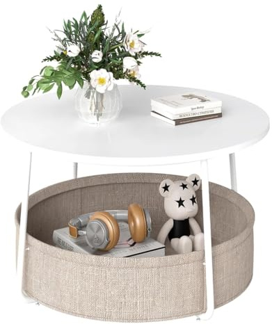 BREEZENEST Round Coffee Table with Storage Basket, 75cm Modern End Side Table for Living Room, Sturdy Steel Frame Holds 40kg, Easy Assembly (White)