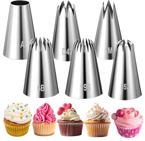 6Pcs Large Piping Tips Set, Stainless Steel Cake Decorating Tips, Piping Nozzles Decorating Tip Frosting Icing Tip For Buttercream, Icing, Birthday Cake and Decorating(1M，6B，195，853，1A，D42)