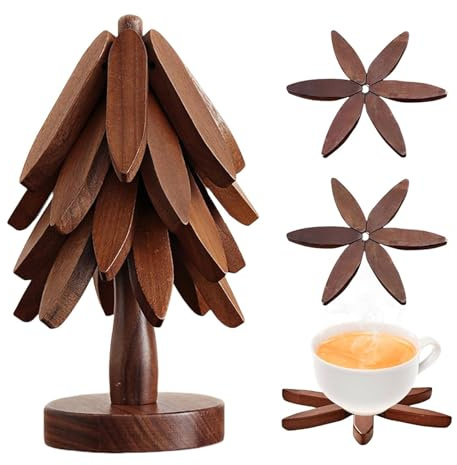 4X Baumförmige Holzuntersetzer inkl. Ständer - rutschfeste & Hitzebeständige Tischdeko für Gläser, Teekannen & Pfannen - Coaster-Set für Küche & Wohnzimmer
