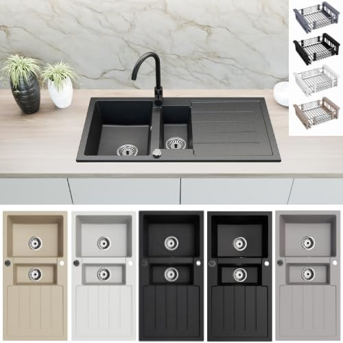 Faizee Home | Granitspüle 100x50 cm – Beidseitig montierbar & kratzfest | Inkl. Spülkorb & Siphon-Set | Hochwertige Küchenspüle aus Granit für modernes Küchendesign (Schwarz, Mit Armatur & Spülkorb)