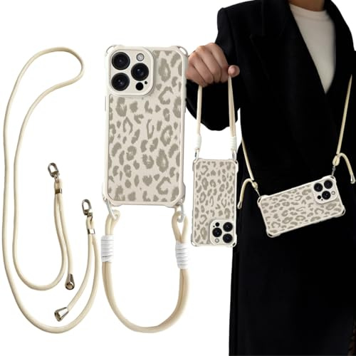 Tedyhulle Handykette für iPhone 12 Pro Hülle mit Band und Armband, Necklace Handyhülle, Leopard Retro Muster Damen Design Dünn Weich TPU Silikon Case Cover Schutzhülle mit Demontage Halskette, Beige