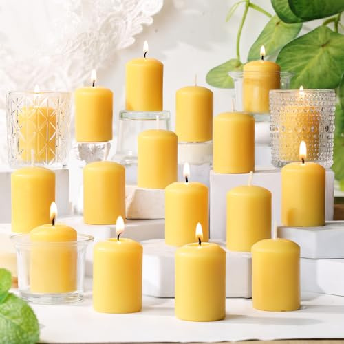 24 Pack Beeswax Votive Candles,11 Hour Unscented Small Pillar Candles | Natural Yellow Beeswax, Cotton Wicks,Smokeless Clean Burn,3.5 x 4.7 cm for Votive Holders, Prayer, Weddings and Home Décor