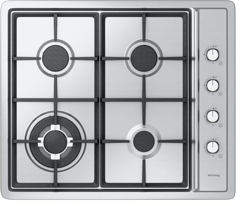 Plaque de Cuisson Gaz 4 Feux Inox, Plaque Gaz 60 cm Encastrable, 7,8 kW, Gaz de Ville et Bouteille, Sécurité Thermocouple, Grille Fonte