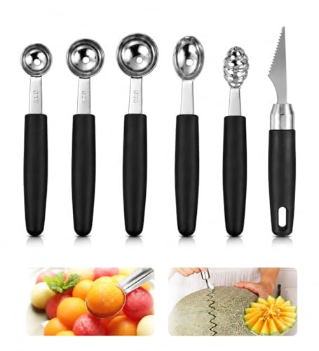 6Pcs Melon Baller Scoop Set - Includes 5 Stainless Steel Melon Ballers & 1 Fruit Carving Tool for Watermelon, Cantaloupe and Ice Cream