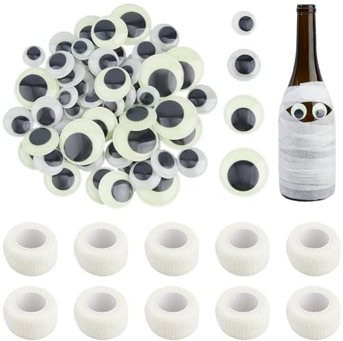 SUPERFINDINGS Halloween Mumien Dekorationsset 100 Stk 4 Größe Im Dunkeln Leuchtende Wackel Kulleraugen Aufkleber 10 Roll 4.5m Elastische Binde DIY Bastel Mumien Wickel Deko Für Geschenkartikel Zubehör