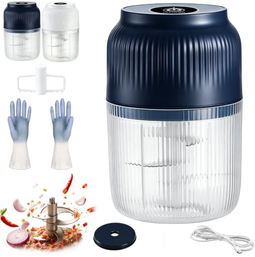 Household Electric Garlic Crusher, 350ml Cordless Garlic Mincer Electric with Lid, 6 Stainless Steel Blades Mini Electric Food Chopper, for Food Nut Ginger Chili Onion (Blue)