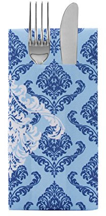 Sovie HOME Besteckserviette Giorgio in BLAU, 40 x 40cm, 1/8 Falz, 12 Stück, aus Linclass® Airlaid, mit Bestecktasche, edles barockes Ornamentdesign in Stoffoptik