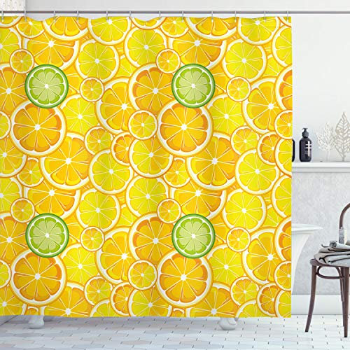 ABAKUHAUS Obst Duschvorhang, Zitronen-Orangen-Kreise, mit 12 Ringe Set Stielvoll Modern, 175x200 cm, Gelb Weiß und Grün