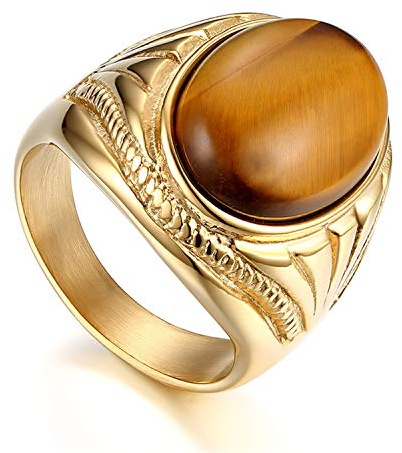 Flongo Herrenring Männer Ringe Siegelring Bandring, Edelstahl Biker Siegel Ring Tigerauge Braun Gold Ton Hochzeit Verlobung Engagement Daumenring Biker Herren Schmuck Herren-Accessoires