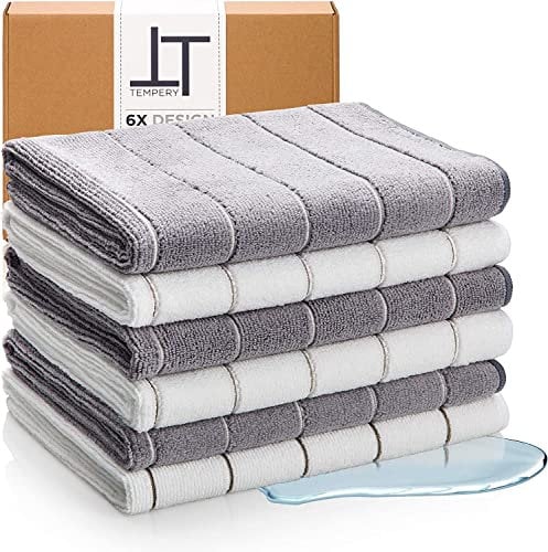 Tempery Mikrofaser-Geschirrtücher (40 x 60 cm, grau und weiß, 6er-Pack), Reinigungstücher für Küche, Auto, Dusche, schnell trocknendes und saugfähiges Geschirrtuch
