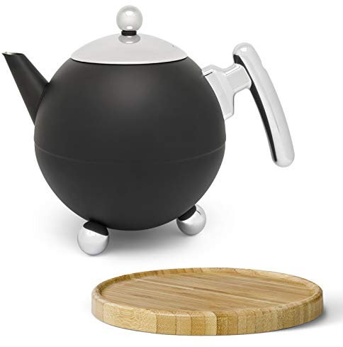 Bredemeijer Bella Ronde Edelstahl-Teekannen-Set 1,2 L – Doppelwandige Edelstahlkanne in Kugelform mit Füßen, schwarz – Mit braunem Untersetzer, ohne Siebeinsatz, ideal für Teebeutel & losen Tee
