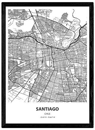 Nacnic Poster mit Karte von Santiago - Chile. Klingen von Städten Lateinamerikas mit Meeren und Flüssen in schwarzer Farbe. A4 Größe