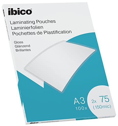 Ibico Laminierfolien A3 150 Mikron (2 x 75 mic), 100 Stück, Glänzende Heißlaminierfolien, Abgerundete Ecken, Dünn und transparent, Kristallklar, Ideal für Zeichnungen und Plakate, 627319