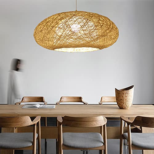 Vintage rural style Bambou Osier Vague E27 Suspension Lumière À La Main Lustre En Rotin Suspension Lampe Hauteur Réglable Plafonnier Restaurant Salon De Thé Café Lampe plafond Rétro Abat-Jour,40cm