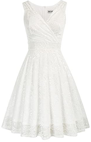 GRACE KARIN Robe Dentelles Femme de Cocktail Vintage Rockabilly Robe plissée au Genou col V Rétro Blanc M -2