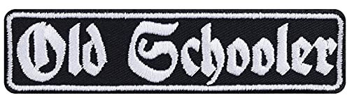 OLD SCHOOL Aufnäher Old Schooler Aufbügler Chopper Patch Biker Bügelbilder Motorradfahrer Geschenk Applikation für Jacke/Weste/Jeans/Boots/Motorradkoffer | 100x25mm
