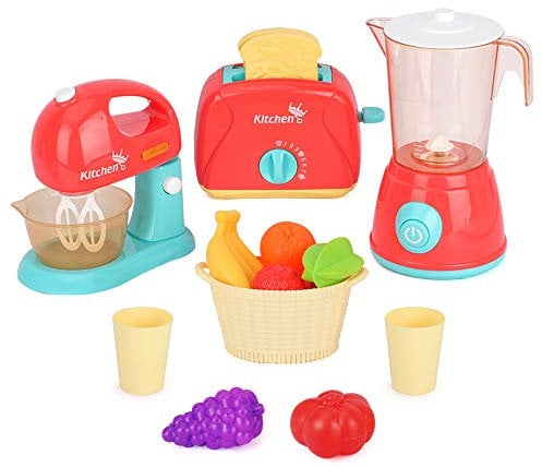 Veluoess Accessoires de Cuisine pour Enfant, Jouet D'appareil de Cuisine avec Mixeur, Grille-Pain, Mixer et Accessoires de Fruits Faire Semblant de Jouer à Un Jouet de Cuisine pour Enfants