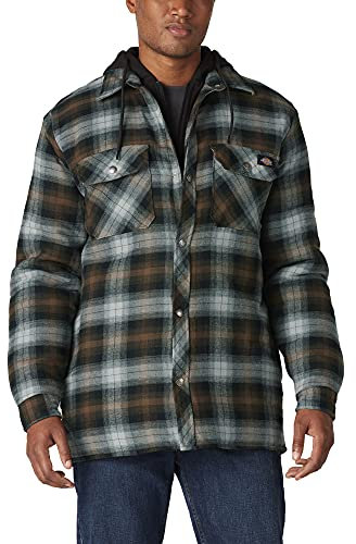 Dickies - Outerwear for Men, Fleece Hooded Flannel Jacket, Full Front Snap Opening, Black/Timber, L