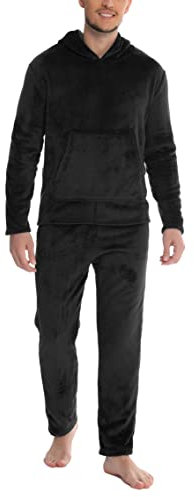 Vlazom Pigiama Sets Uomo Invernale Lungo Caldo Pigiama in Pile Cappuccio con Tasche Comodo e Morbido PJ Set,Nero,XXL