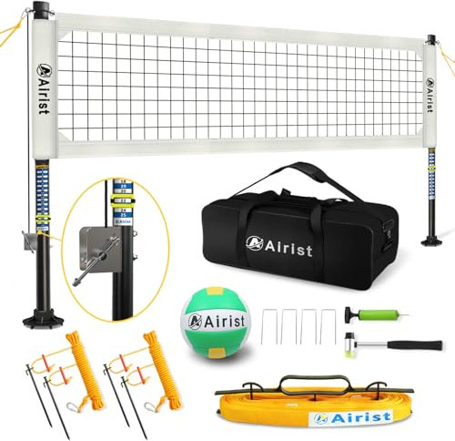Airist Robustes Volleyballnetz für den Außenbereich mit Stahl-Anti-Beschlag-System, verstellbare Aluminiumstangen, professionelles Volleyballnetz-Set für Garten und Strand, Ball und Tragetasche, Weiß