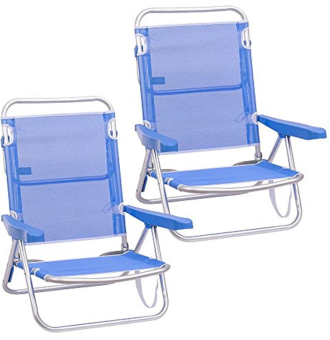LOLAhome Pack 2 Sillas Playa Plegables | Ligera Portátil | Baja y Reclinable de 4 Posiciones | para Camping, Piscina, Terraza o Jardín Azul